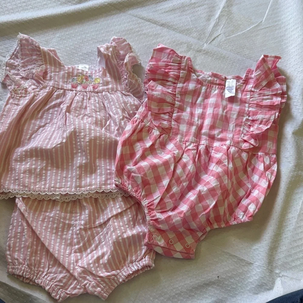 Pink Gingham and Striped Baby Romper Set